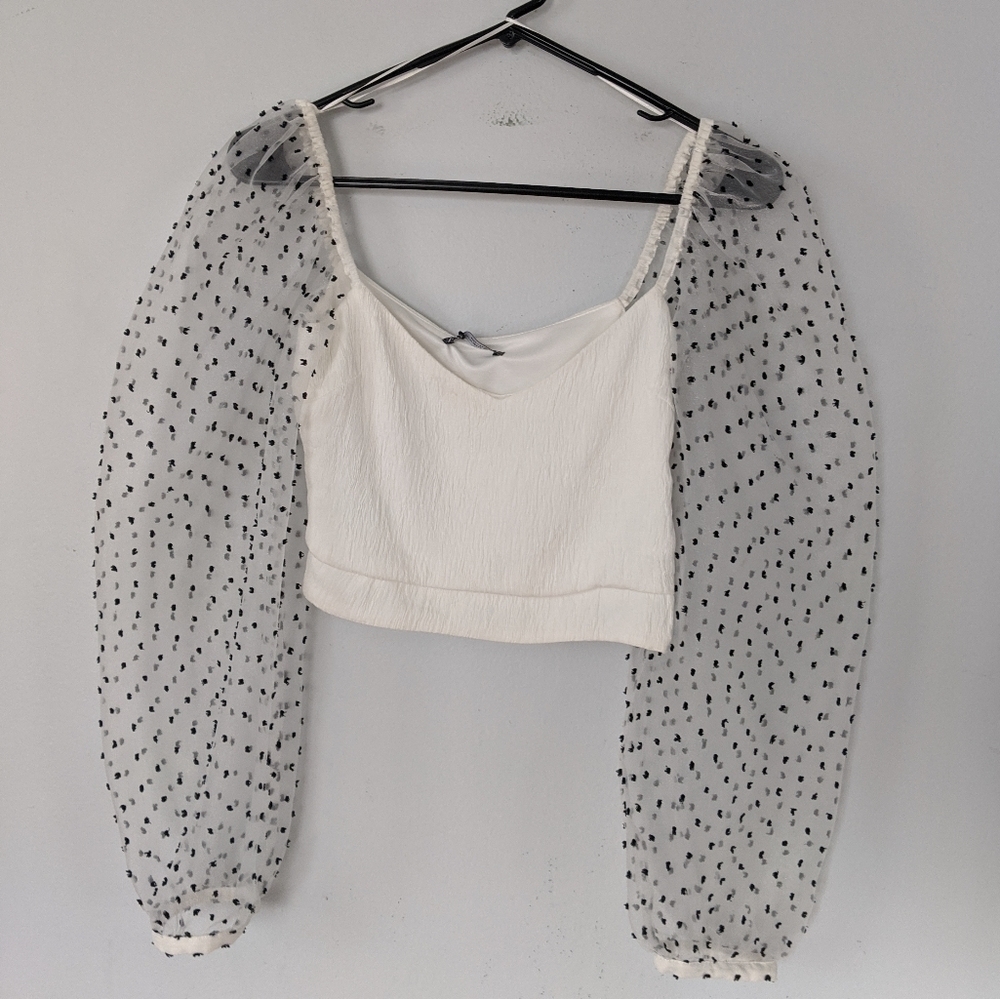 ZARA Bubble Sleeve Sheer Crop Top – White Black Dot Mesh – Size XS – Chic - Picture 4 of 7